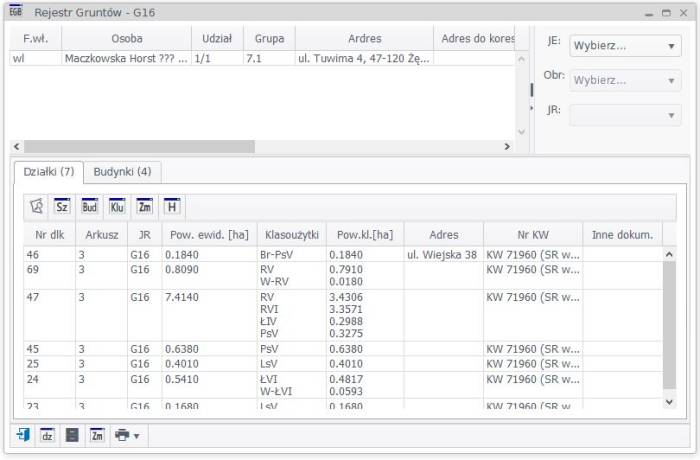 Widok okna rejestru gruntów